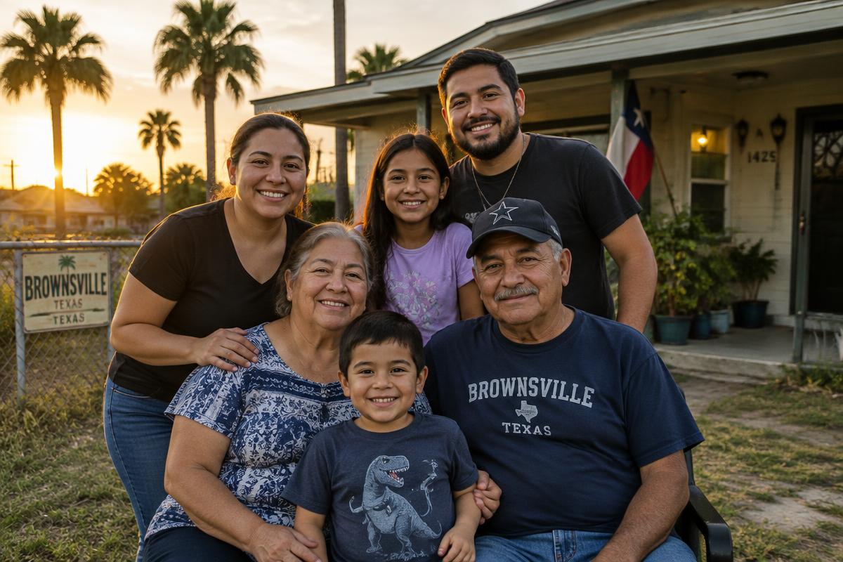 Multigenerational family outside their Brownsville, Texas home