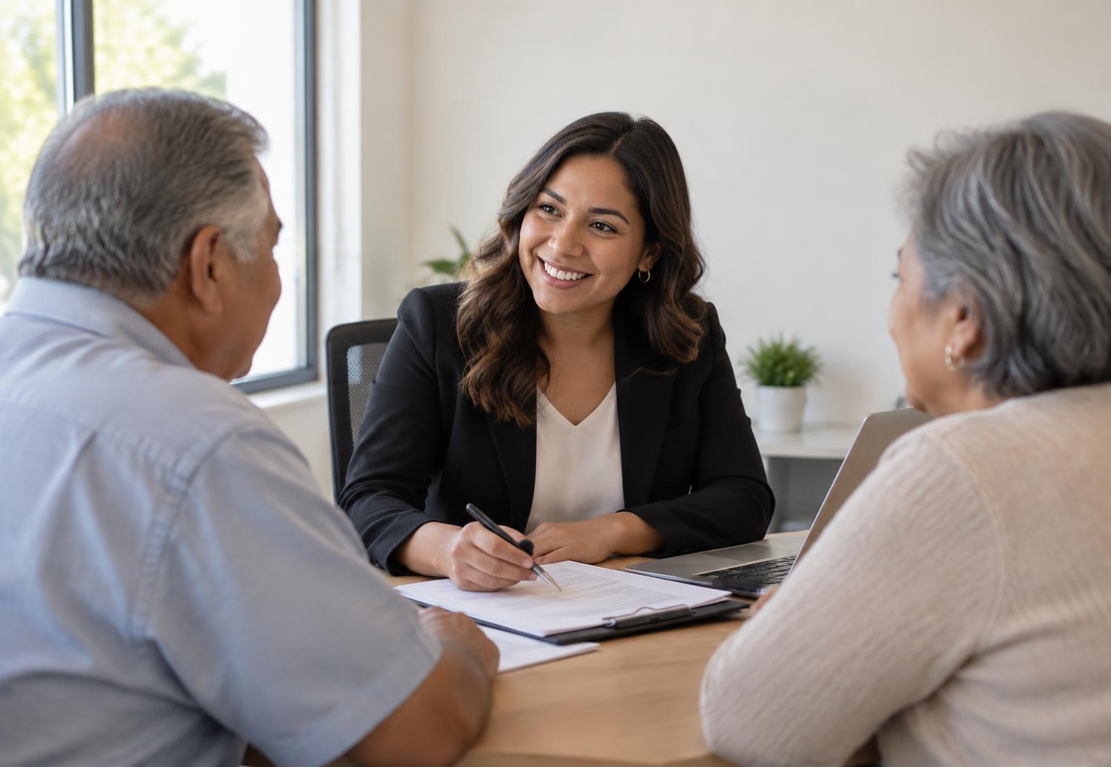 Insurance agent meeting with a Brownsville couple in her office