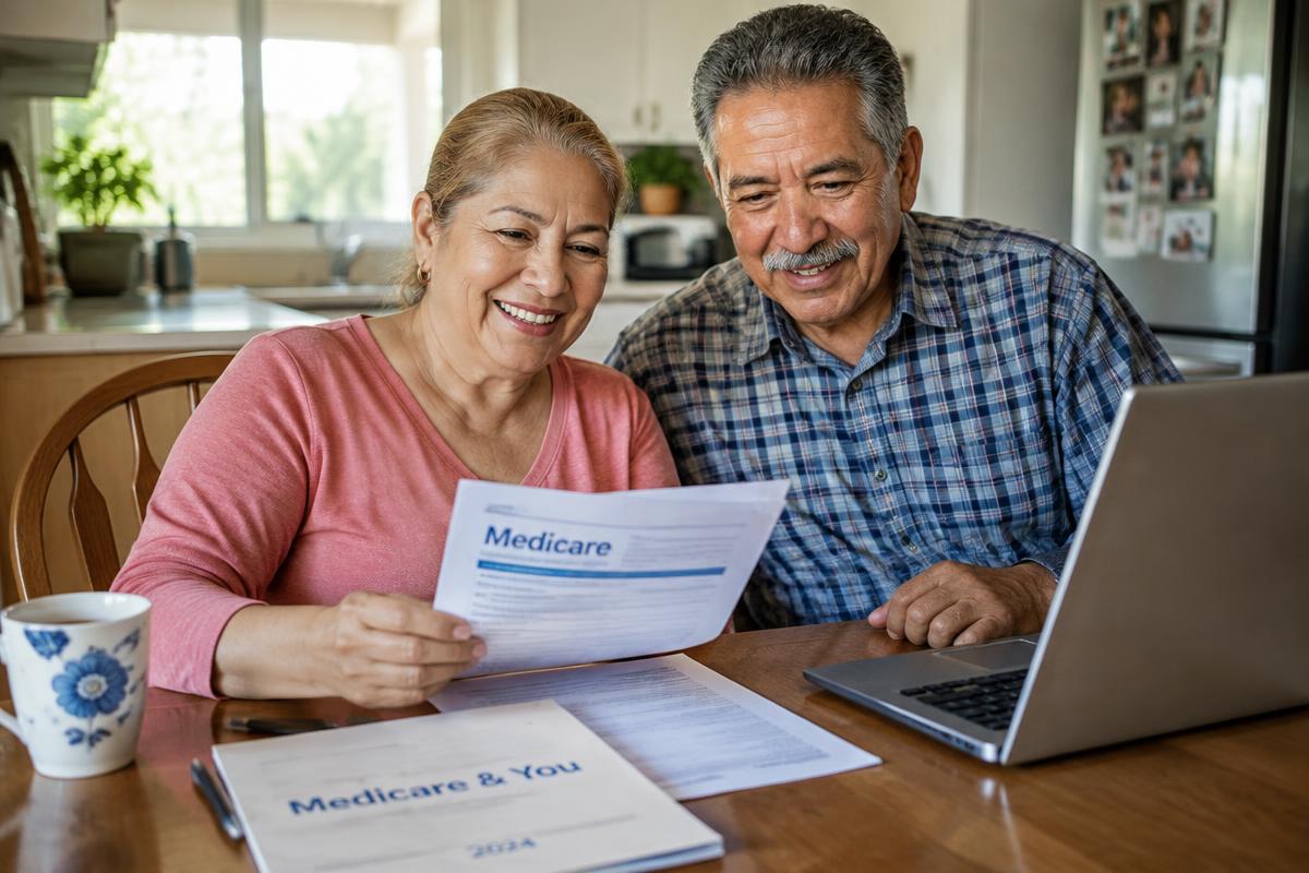Senior couple reviewing Medicare paperwork at home